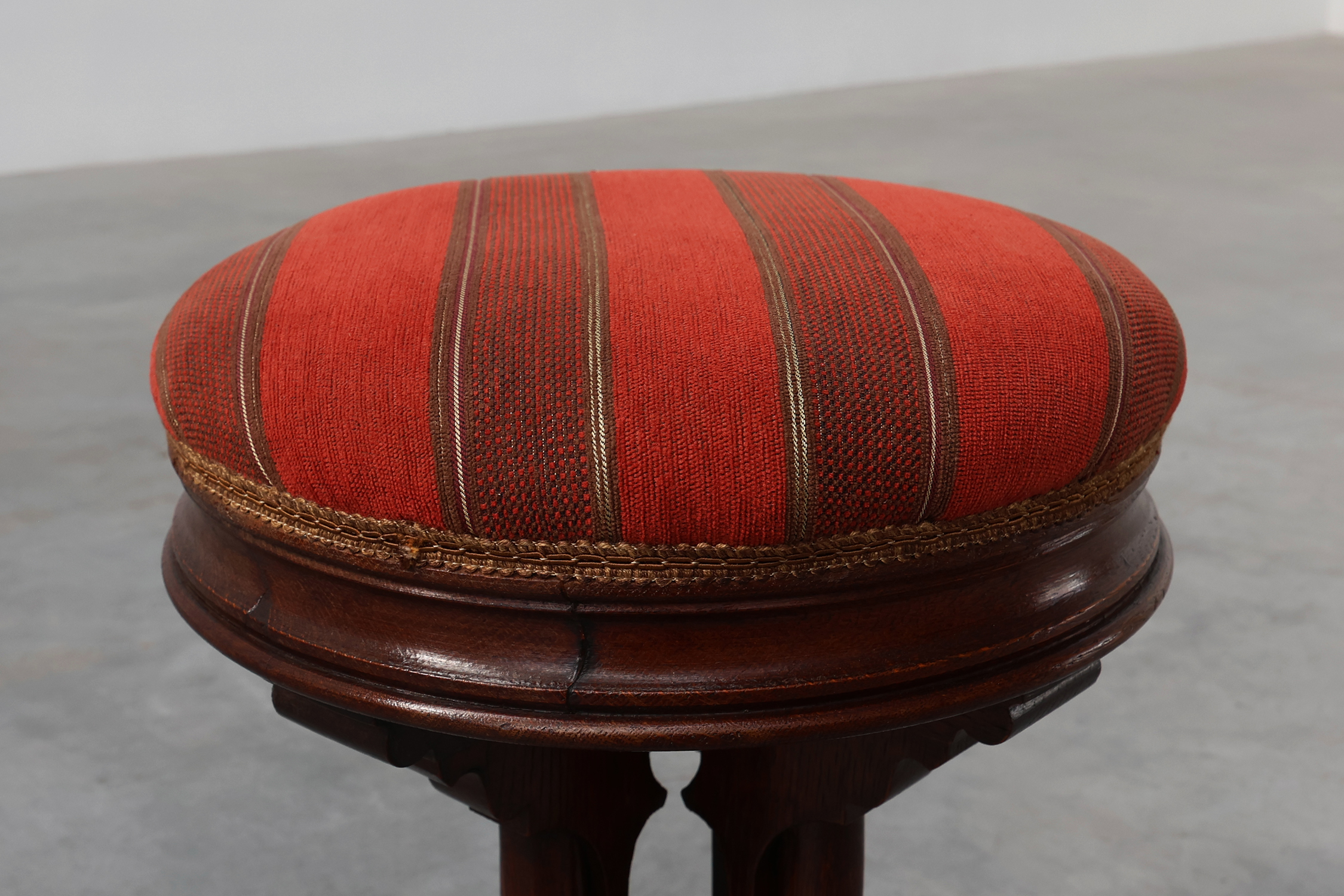 Neo Gothic oak stool with red velvet upholstery, France 1850thumbnail